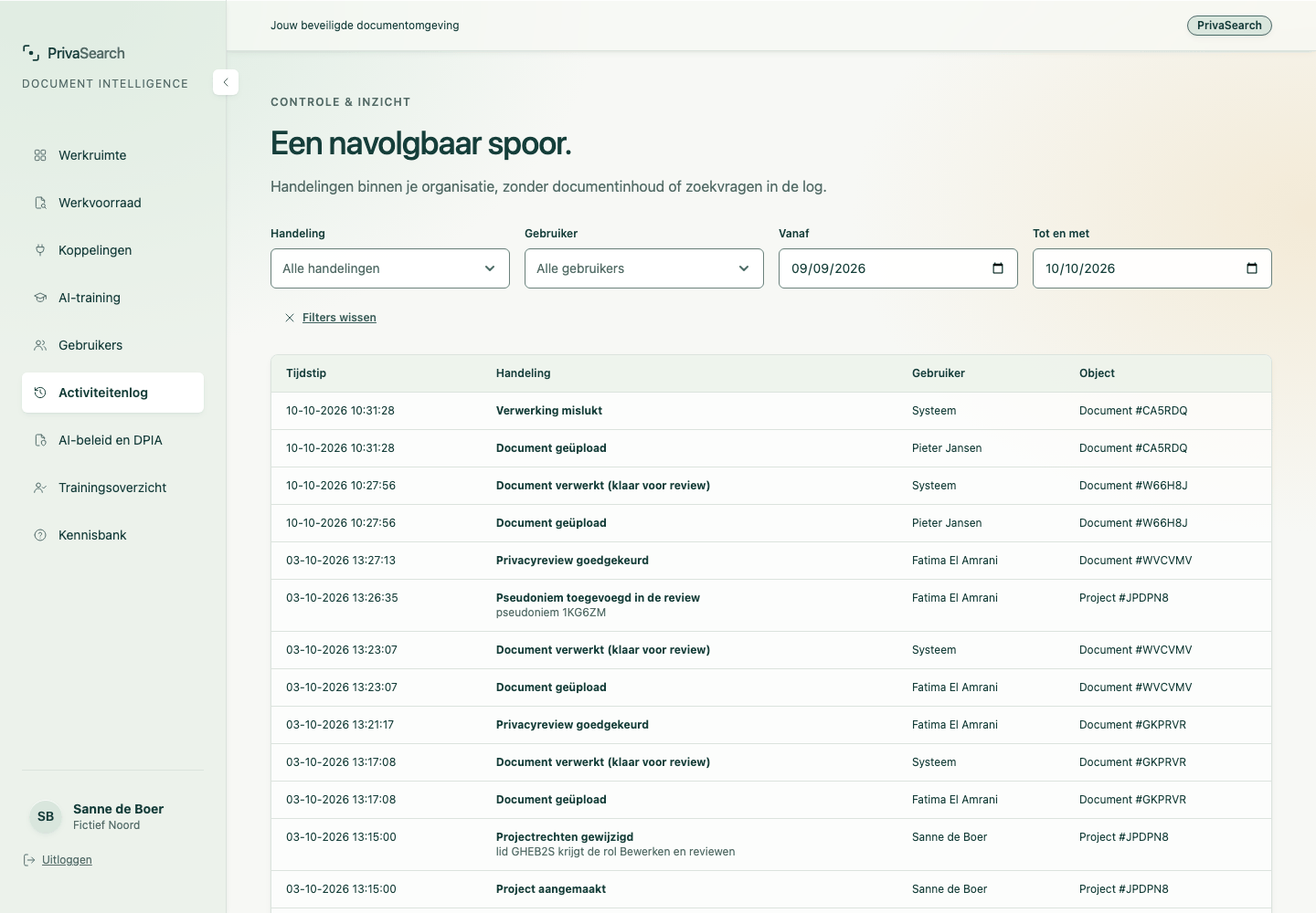 Het activiteitenlog: handelingen met tijdstip, gebruiker en object, zonder documentinhoud