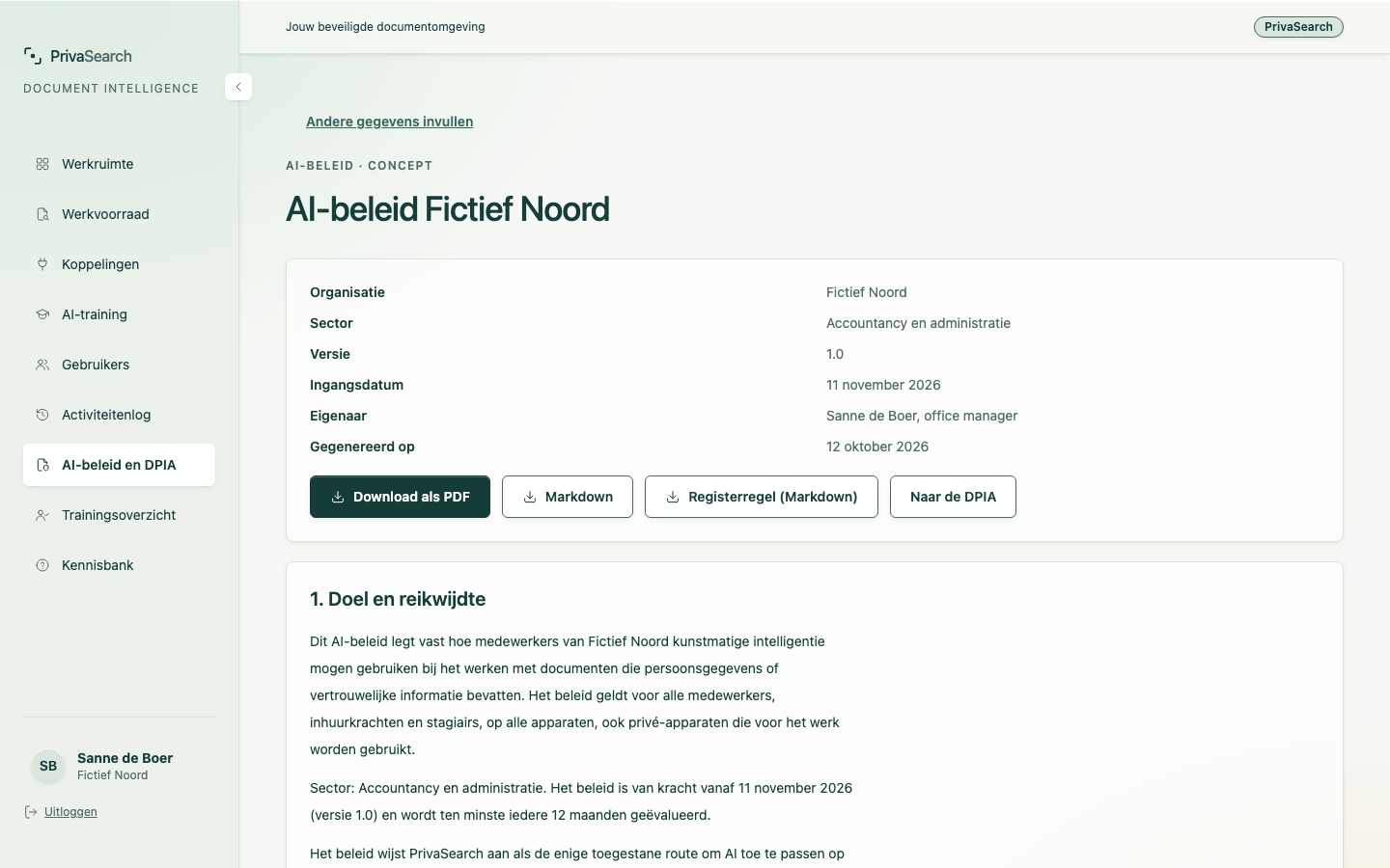 Een gegenereerd AI-beleid met de gegevens van de organisatie en knoppen om het te downloaden